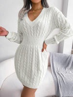 Knitted Sweater Dress For Women  Autumn Winter Long Sleeve Slim Waist Knitwear Clothes White Blue Khaki - details 7