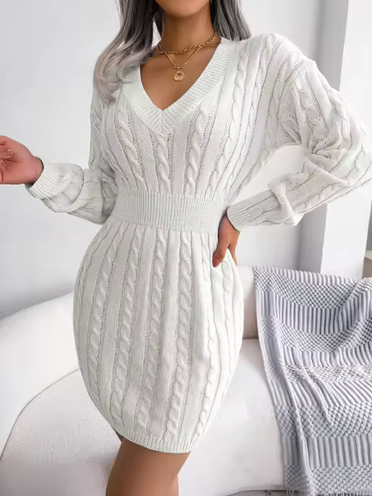 Knitted Sweater Dress For Women  Autumn Winter Long Sleeve Slim Waist Knitwear Clothes White Blue Khaki - 1