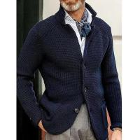 Cárdigan de punto grueso para hombre, suéter de lana, chaqueta de punto con cuello levantado de manga larga ajustada de color sólido para otoño e invierno - details 8