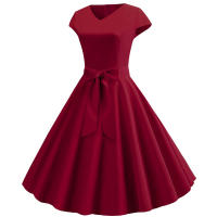 Women summer vintage with belt short sleeve v neck elegant retro swing party dresses - details 18
