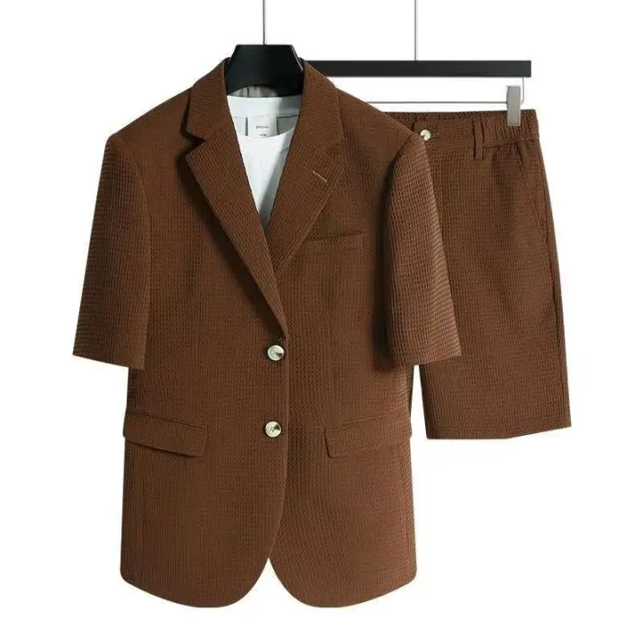 Ohsisa 2025 pantalón corto casual de manga corta para hombre, traje fino, pantalones cortos coreanos de moda, conjunto de gofres de verano - 1