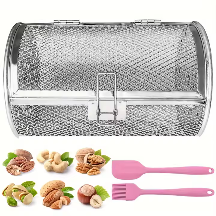Cesta Giratoria 360° para Asar y Freír con Parrilla de Barbacoa Acero Inoxidable, Puerta Móvil con Cepillo y Espátula - 1