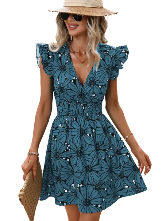 Vestido corto informal con estampado Floral para mujer, minivestido con manga con volantes, color azul mate S - 1