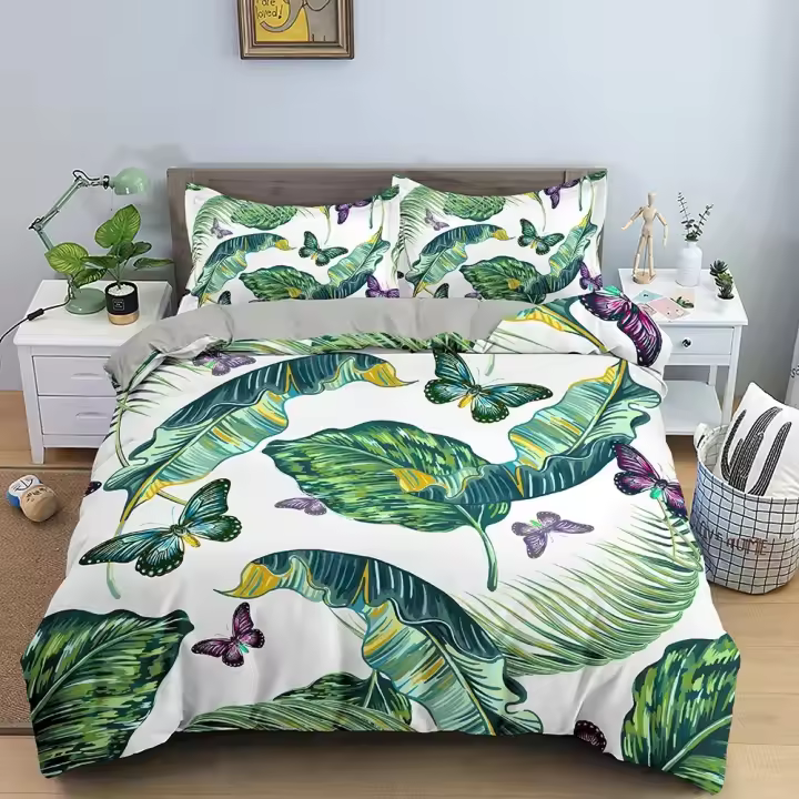Juego de cama con hojas de plantas tropicales en 3D, funda de edredón para dormitorio, juego de funda nórdica de lujo con funda de almohada, ropa de cama King Twin - 1