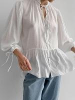 Camisa y blusa de mujer Kawaii con mangas abullonadas con cordones lindos sueltos elegantes jóvenes simples baratos Tops femeninos - details 7