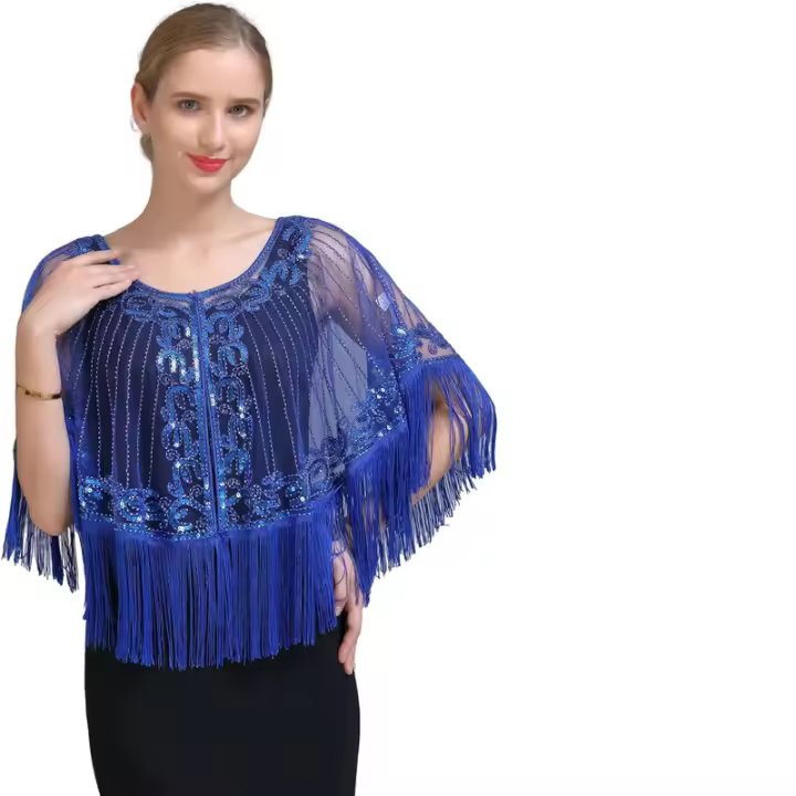 Mantón de noche largo y transparente con borlas para mujer, funda vintage 1920 - 1