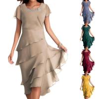 Vestido de mujer de color sólido: vestidos con paneles de gasa de cuello redondo de manga corta para mujer de verano de talla grande - details 1