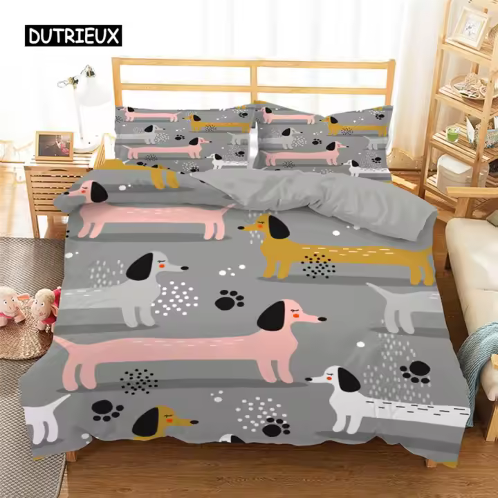 Conjunto de Cama de Dachshund Funda de Duvet de Cachorro Colorido Funda de Almohada de Dibujos Animados de Poliéster Textiles para el Hogar de Mascotas Rey y Reina - 1