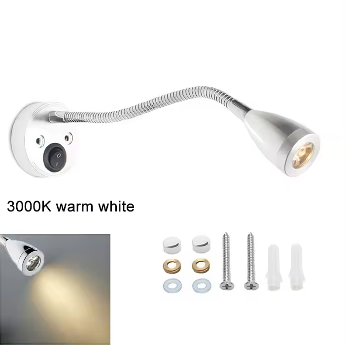 Luz de lectura de cuello de cisne para autocaravana, lámpara de pared de cabecera con interruptor para barco, yate, caravana, autocaravana, 3000K, 4000K, 6000K, 12V, 24V, 3W - 1