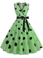 Women summer polka dot vintage  v neck lleeveless party dress elegant belt - details 1