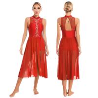 Elegante Traje de Patinaje de Hielo para Mujeres Leotardo de Ballet de Malla Transparente sin Mangas Traje de Baile Lírico Contemporáneo - details 31