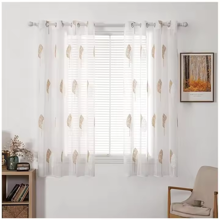 Juego de 2 cortinas con patrón de hojas, ventana semitransparente bordada, para sala de estar, dormitorio - 1
