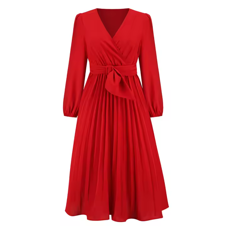 Vestidos largos informales para mujer, cuello en V, manga larga, cintura alta, Maxi, diario, rojo S - 1