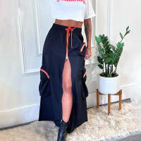 BUNO-Falda larga de cintura alta con cremallera para mujer, faldas Cargo informales con bolsillos grandes, abertura frontal, holgada, recta, Midi, ropa de calle, estilo Safari, 2025 - details 2