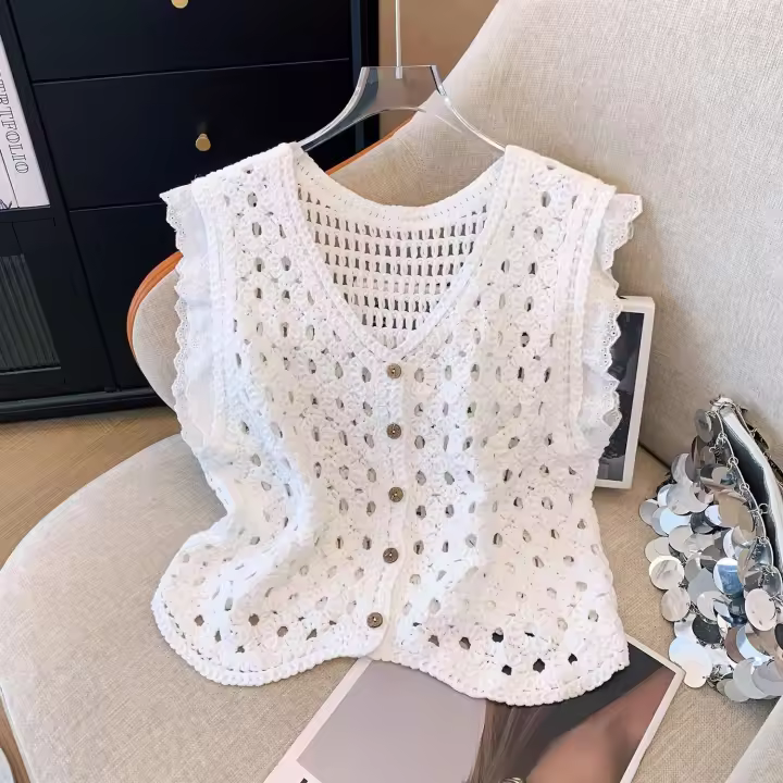 Camiseta de Crochet Transparente Manga sin Capas, Cuello en V, Botones Frontales - 1