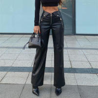 BUNO-pantalones ajustados de cuero PU con cremallera para mujer, ropa de calle informal Y2K para fiesta, pantalones de pierna recta de cintura alta, pantalones elegantes góticos 2025 - details 1