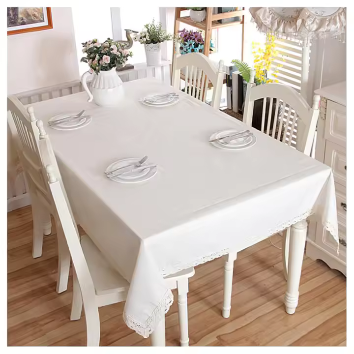 Mantel Minimalista de Lino Natural Estilo Campo Rectangular con Borde de Encaje - 1