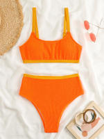 Conjunto de Bikini de cintura alta para mujer, traje de baño de color naranja liso, bañador de playa, Verano - details 16