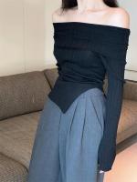 Jersey de otoño para mujer, Top Irregular con hombros descubiertos, suéter de punto negro de manga larga con base para mujer - details 12
