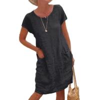 Vestidos informales para Mujer, novedad De verano 2025, vestido De manga corta De lino y algodón, Vestidos Negros para Mujer - details 0