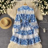 Minivestido ajustado con agujeros y manga acampanada para mujer, minivestido con estampado ral, cuello levantado, con cordones y cintura alta - details 6