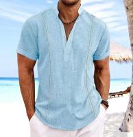 Blusa de algodón para hombre, camiseta informal de manga corta con cuello Henley, color caqui, blanco y azul, talla grande 3XL y 2XL - details 3