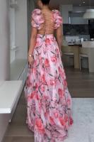 Vestido Largo de Fiesta Étnico con Volantes - Tul Floral Estampado Tropical, Tirantes Finos Ajustables - Elegante Vestido de Noche para Bodas, Fiestas de Verano 2025 - details 6