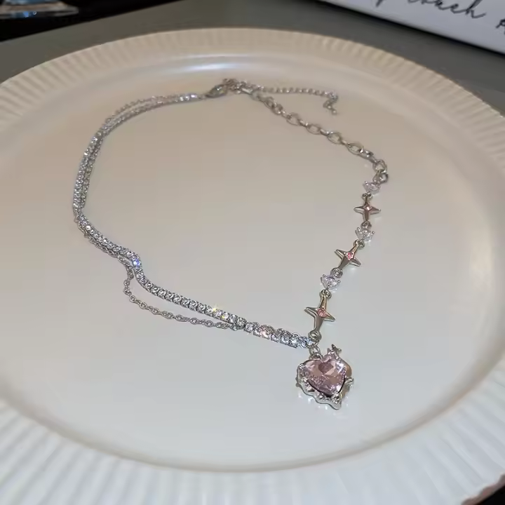 Collar con colgante de corazón rosa para mujer, joyería de piedra lunar de cristal, joyería - 1