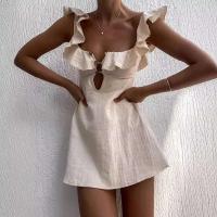 Verano ahueca hacia fuera el botón volantes corto sexy cuello en V sin mangas color sólido nueva vacaciones playa algodón en mini vestido - details 2