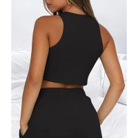 Conjunto de dos piezas de verano para mujer, chaleco sin mangas de color sólido con textura gofre y pantalones cortos casuales de moda. - details 27