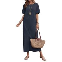 Novedad de verano, vestido suelto de manga corta con cuello redondo de Color sólido de algodón y lino - details 2