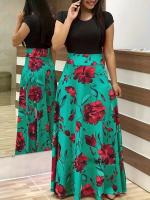 Vestido de manga corta a juego con estampado de flores de estilo europeo y americano para mujer, falda con vuelo grande, 2024 - details 3