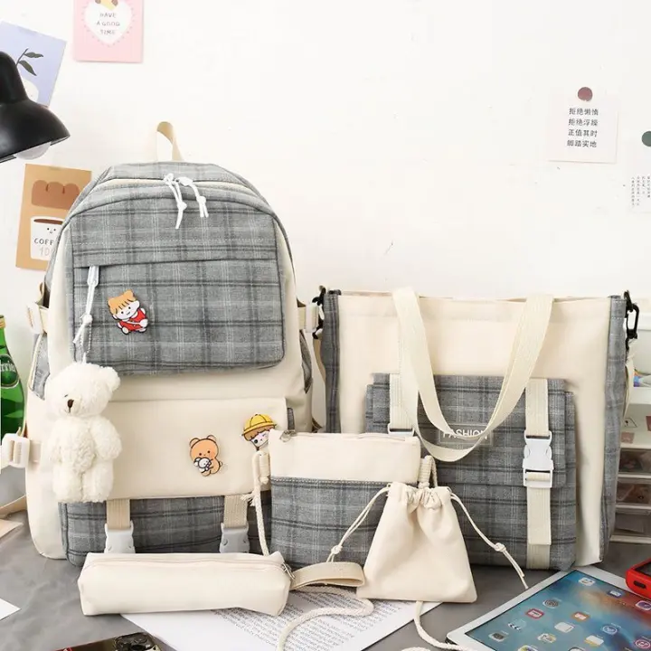 Mochila japonesa linda a cuadros bolso de escuela primaria versión coreana femenina mochila de moda mochila de cinco piezas - 1