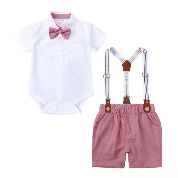 Nuevos elementos esenciales, Pelele con pajarita para bebés de estilo caballero, conjuntos de ropa Formal, mono de algodón + pantalones cortos con tirantes, traje para recién nacidos - 1