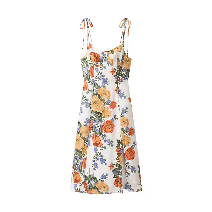 TRAFZA Vestido con tirantes estampado de flores para mujer, moda Primavera 2025, sin mangas, dobladillo delgado, abertura en la playa, vestidos informales de verano - 1