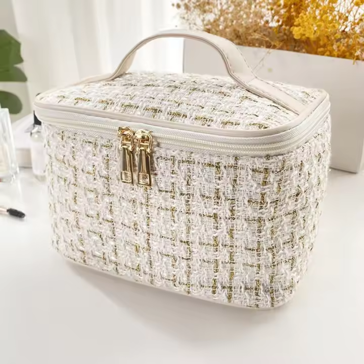 Neceser de viaje portátil para mujer, bolsa de maquillaje de gran capacidad, tejido - 1