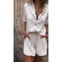 Conjunto casual de verano 2024 TEMU de algodón y lino con pantalones cortos y manga corta para mujer - details 2