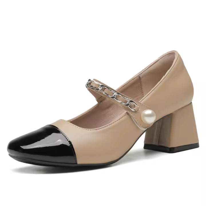 Zapatos individuales de 5 cm para primavera y otoño, color blanco y negro en bloques, zapatos Mary Jane con punta cuadrada. - 1