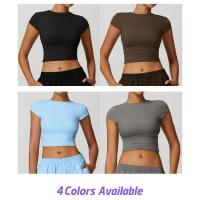 Top corto de manga corta con logo personalizado para mujer, camiseta de yoga ajustada de alta elasticidad, camiseta corta de fitness para correr y gimnasio - details 1