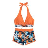 Bikini abierto con estampado de hojas retro en talla grande, conjunto de traje de baño de dos piezas con correas estables para mujer - details 102