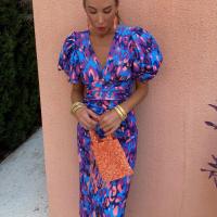 2025 Vestido de verano para mujer, azul, estampado, cuello en V, ceñido, ceñido a la cadera, manga corta - details 5