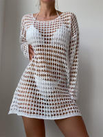 Elegante Cubierta de Punto con Cuello Redondo y Manga Larga Vestido de Playa de Ligero para Verano con Diseño Hueco, Protección Solar, Tela Transpirable - details 1