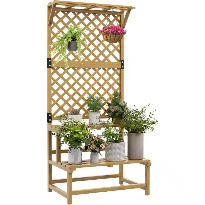 Estante de madera para plantas de 2 niveles, soporte para macetas de exterior con rejilla para jardín, patio, terraza, 75x50x166 cm, natural - 1