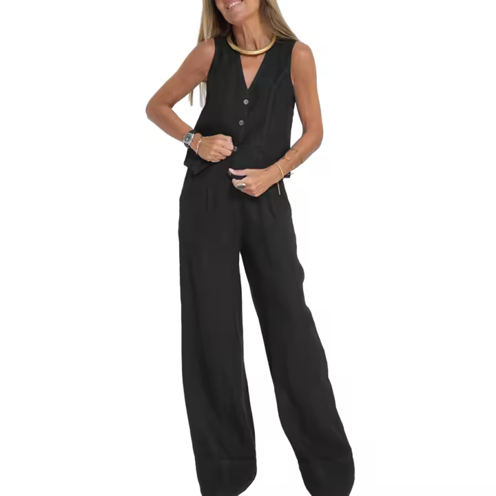 Elegante chaleco Y2K para mujer, conjunto de 2 piezas, sin mangas, cuello en V, con botones, ropa de abrigo, conjunto de pantalones de pierna ancha - 1