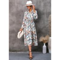 Vestido casual elegante de manga larga para mujer con estampado de hojas elegante - details 14