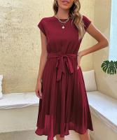 Vestido plisado elegante para mujer, manga corta con cinturilla, verde negruzco S, Verano - details 17