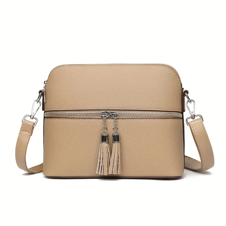 Bolso cruzado de cuero genuino grande capacidad Estilo urbano casual con correa desmontable, cierre de cremallera, detalle de borla - 1