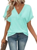 Tops de moda de color sólido con cuello en V, ropa popular coreana, camiseta holgada de manga corta de verano para mujer. - details 17