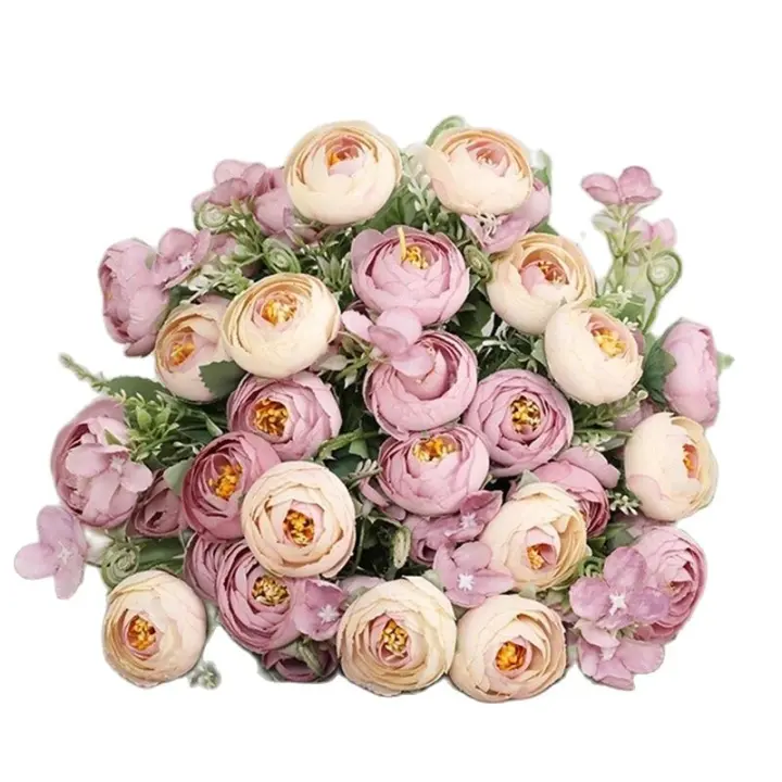 Ramo de Flores artificiales de peonía, rosas de té, Camelia de seda, Flores falsas para bricolaje, decoración de boda y jardín del hogar, 1 ud. - 1