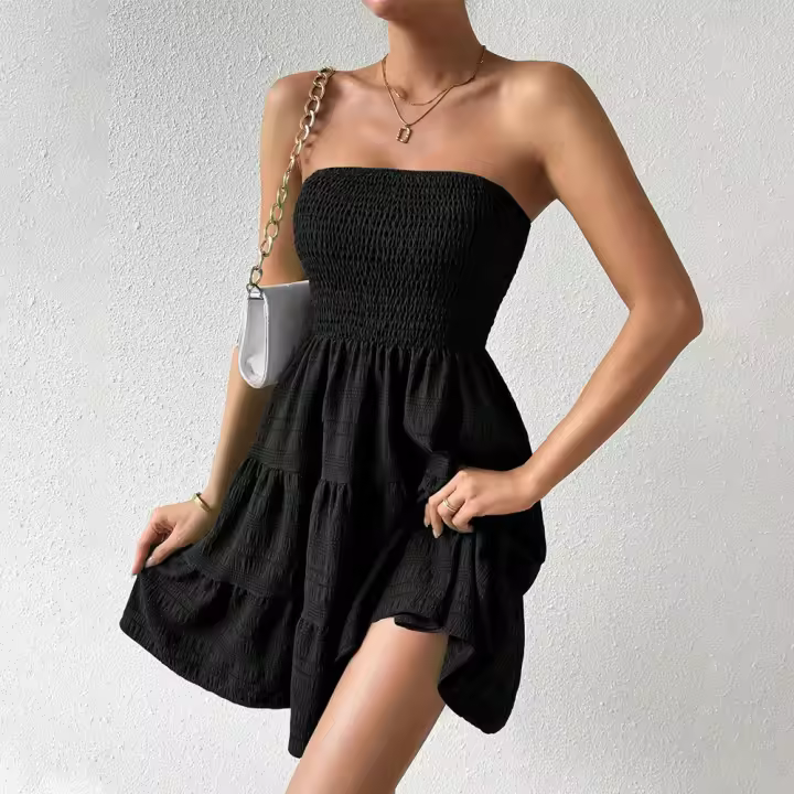 2025 ropa de mujer europea y americana verano nuevo top de tubo de un cuello vestido de textura versátil de color sólido - 1